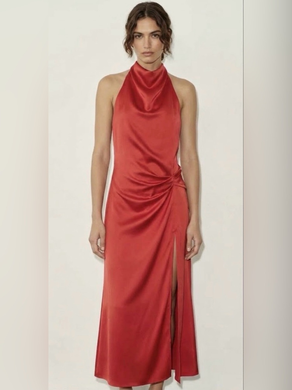 Zara One-Shoulder Red Satin Draped Gown